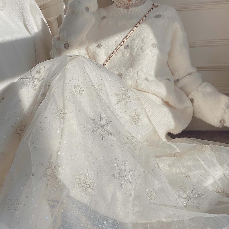 Women's Snowflake Embroidered Mesh Skirt Lace Printing Elastic Waist Princess Tutu A-line Skirt Mid-length High-waist Fairy Skirt