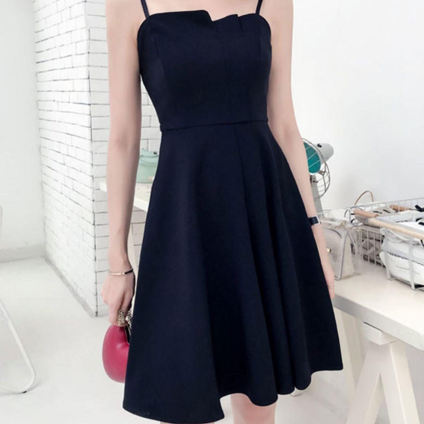 Female Simple Elegant Small Black Party Dress Slim Vintage Suspender Short Holiday Graceful Dress