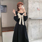 Autumn and Winter Solid Color Lantern Sleeve Square Collar Design Large Cute Bow Mid Length Long Sleeve Dress