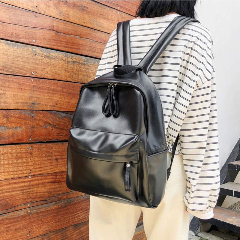Solid color PU Leather Women's Backpack School Satchel Casual Multilayer Large Capacity College Shopping Travel