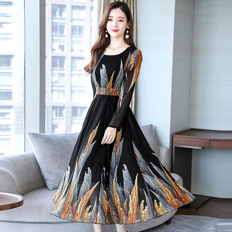 Women's Floral Skirt Printed Chiffon Dress Female Spring and Autumn Slim Beach Dress Long Skirt