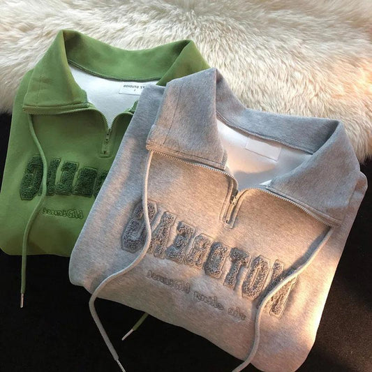 Women's Retro Polo Shirt Sweater Spring and Autumn Loose Ins Lazy Wind Bf Thin Zipper Jacket Long-sleeved Pullover Sweater