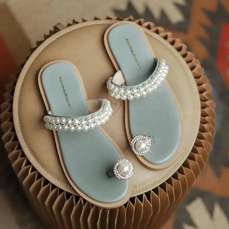 Sandals Women's Summer Flat Bottom All-match Pearl Rhinestone Sandals Fairy Style Beach Slippers Women's Outer Wear