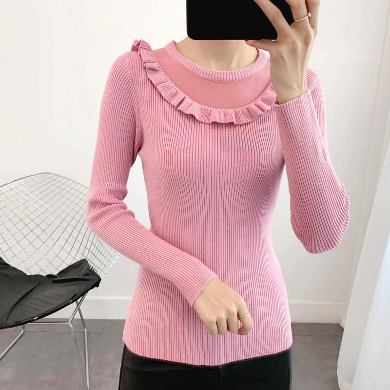 Sweater Women's Ruffled Collar Pullover Knitwear Korean Style Slim Solid Color Top Trendy Sweater Autumn and Winter Lady Style