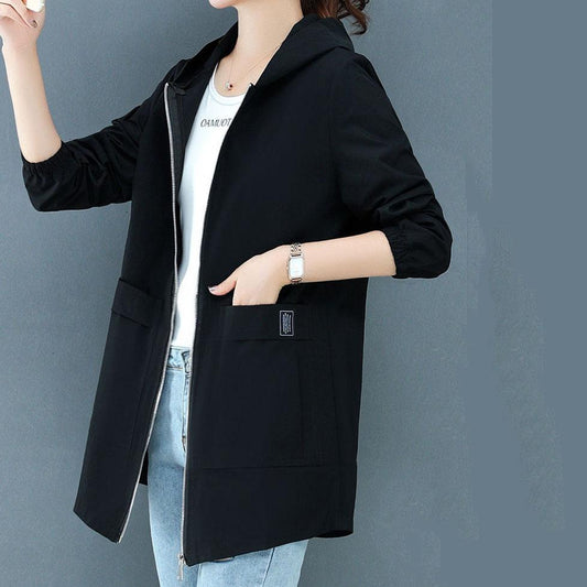 Women Autumn Large Size Casual Mid-length Windbreaker Female Spring Solid Color Long Sleeve Loose Hooded Coat