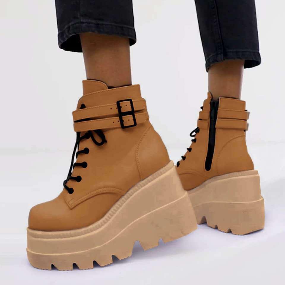 Women Autumn Winter Boots Block Heel Gothic Punk Platform Shoes High-top Casual Female Footwear
