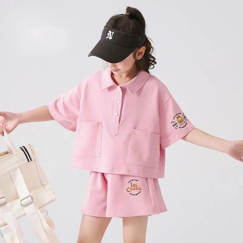 Girls Summer Suit Net Celebrity Western Atmosphere Big Children Children Sports Two-piece Polo Shirt