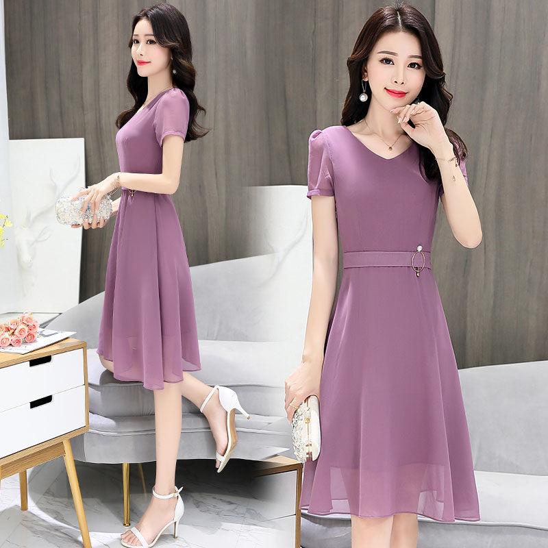Pure Color Chiffon Dress Women's Spring Summer Short-sleeved V-neck Slim Mid-length Dress