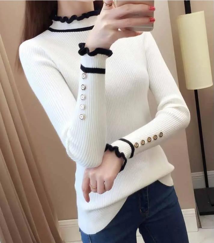 Autumn and Winter Slim-fit Padded Top Ruffled Long-sleeved Sweater All-match Base Sweater