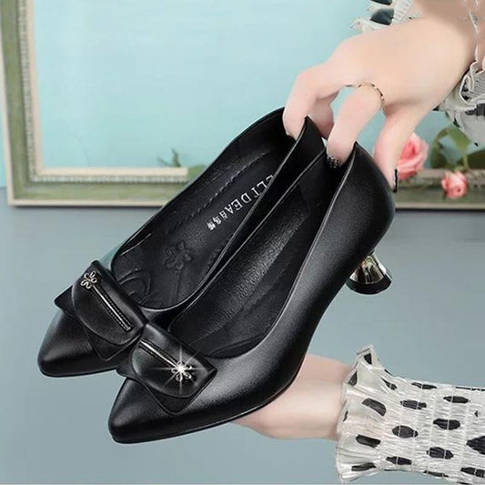 Black Soft Leather Shoes Soft Sole Comfortable All-match Work Shoes Women's Medium-heeled High Heels Non-slip Wear-resistant