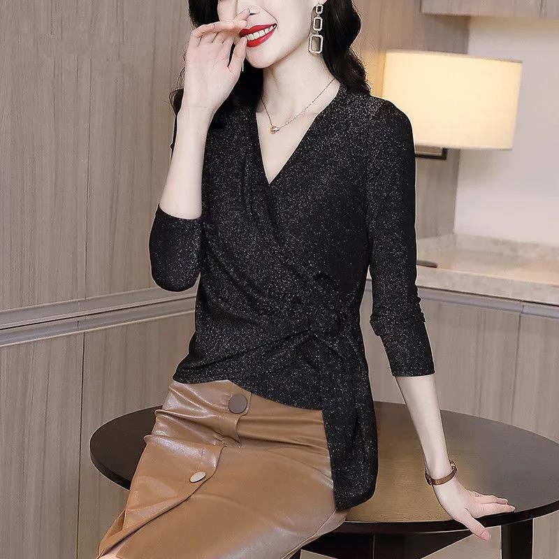 Summer Long Sleeve Women's Blouse Sexy Cross V-neck Thin Black Female Blouses Fall Casual Office Elegant Lady Top Pullover
