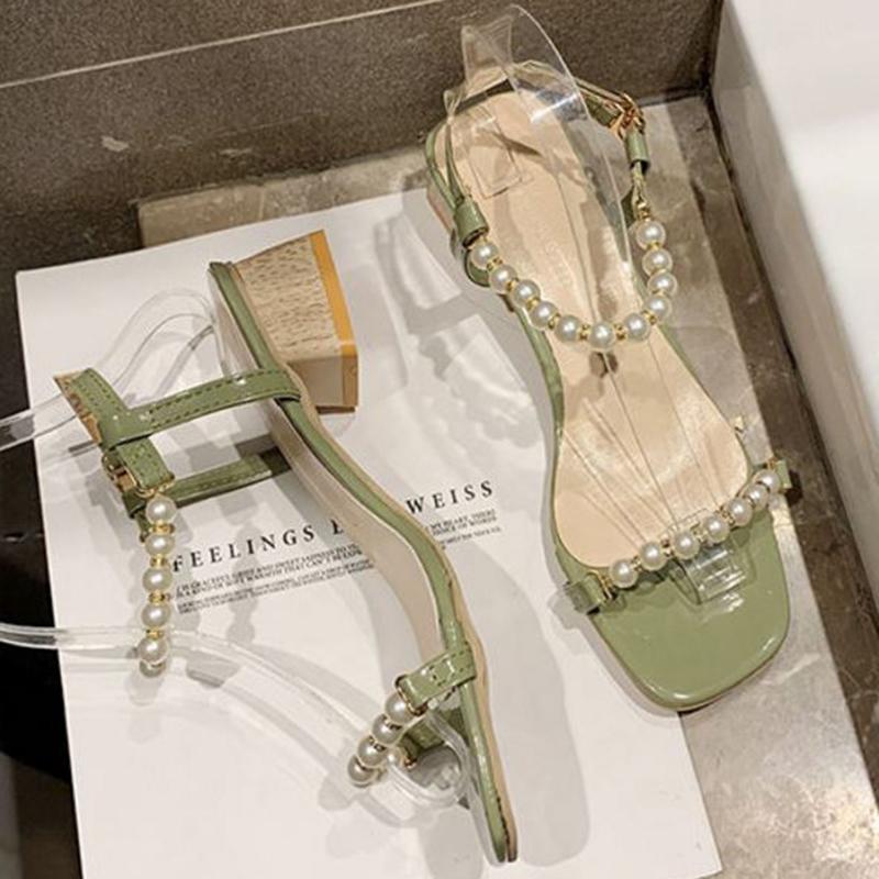 Sandals Women's Summer Korean Fashion Thick Heels High-heeled Pearl Sandals