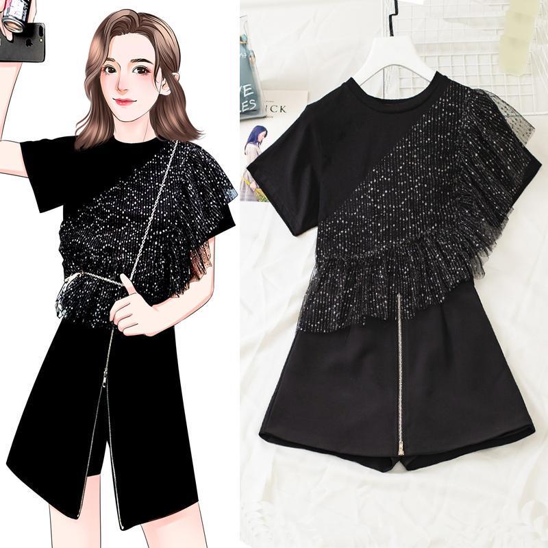 Summer Plus Size Short Set Women Irregular T-shirt Shorts Two-piece Suit