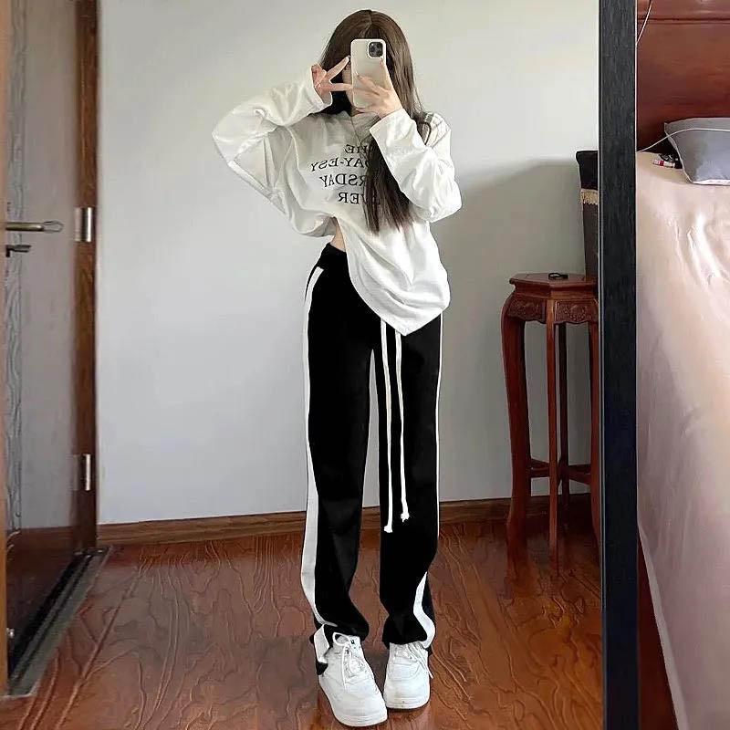 Black Bend Track Pants Women Loose Spring and Autumn Side Stripes Straight Casual Pants High Waist Pants Drape Wide-leg Pants