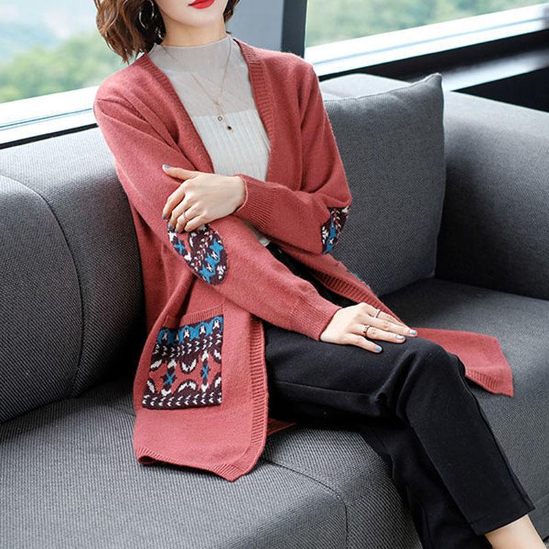 Spring and Autumn Mid-length Knitted Sweater Cardigan Loose All-match Jacket Simple Embroidered Female Jacket