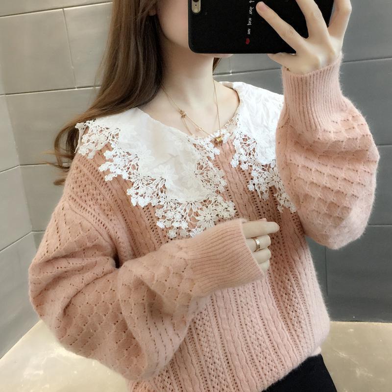 Spring and Autumn Loose Sweater Outer Wear Doll Collar Knitted Top Cute Style Lace Collar Female Sweater
