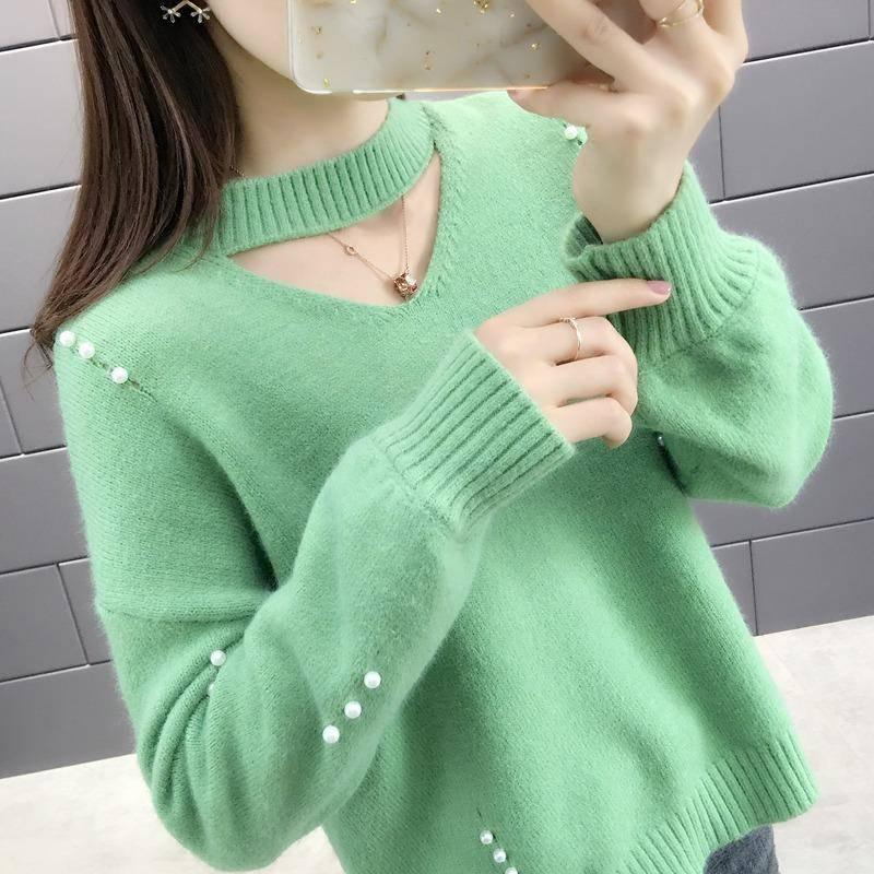 Pofulove Avocado Green Sweater Autumn Winter Loose Long-sleeved Shirt Beaded Sweater Women Tops