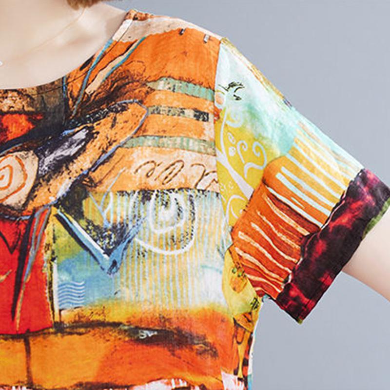 Two-piece Suit Cotton Large Size Ethnic Style Suit Female Summer Literature and Art Retro Short-sleeved Wide-leg Nine-point Pants Loose