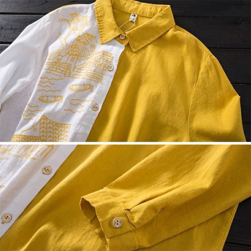 Ladies Cardigan Shirt Top Long-sleeved Loose-embroidered Cotton and Linen Literary Mid-length Shirt