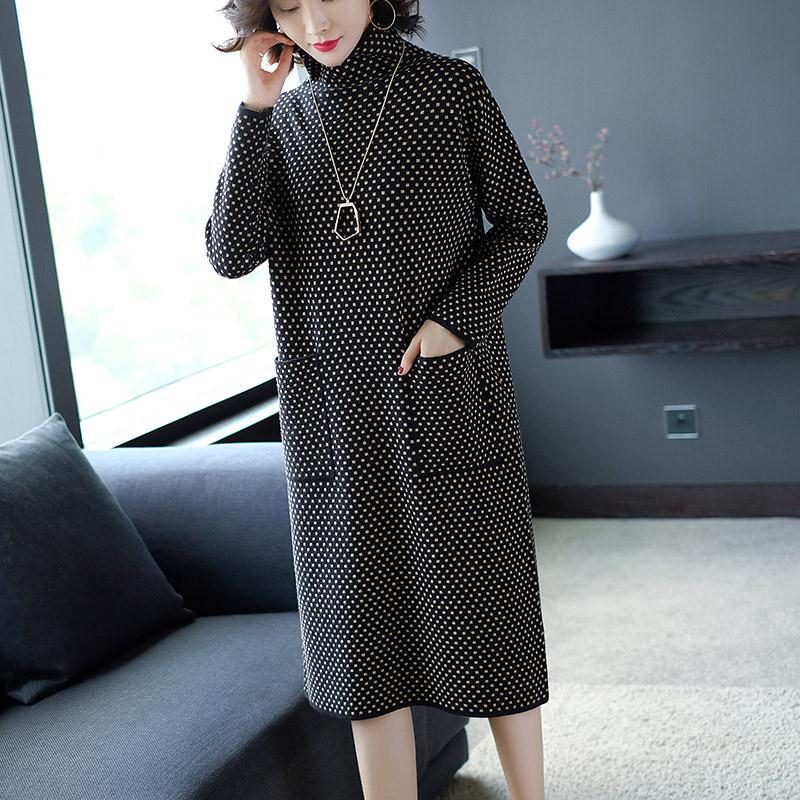 Autumn Winter Loose Knit Dress Female Long Plus Size Sweater Dress Turtleneck  Pullover Sweater Dress with Pockets