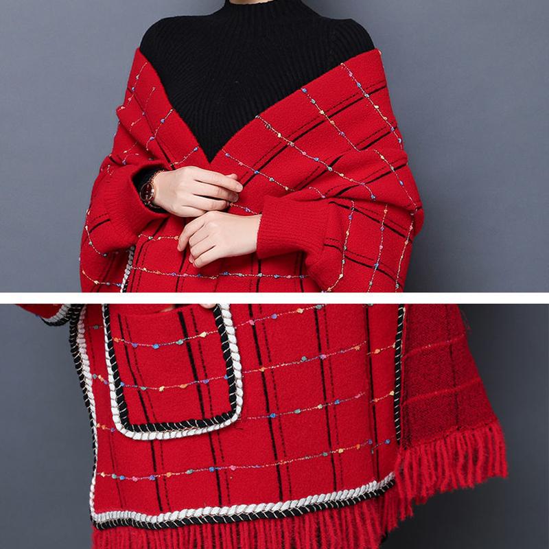 Women's Shawl with Sleeves Autumn and Winter Knitting Waterproof Mink Fleece Slim Slimming Outer Thick Plaid High-end Cloak Temperament Wrap