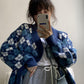 Autumn Winter Check Color Contrast V-neck Long  Sleeved Sweater Jacket Women Retro College Style Loose Knit Cardigan Outer Wear