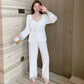 Women's Autumn Winter Sexy Velvet Long-sleeved Pajamas Suit with Chest Pad V-neck Lace Stitching Sweet Homewear Solid Bowknot Lace Edge Nightgowns