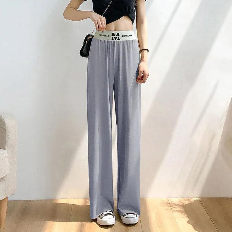 Ladies Ice Silk Wide Leg Casual Pants Summer Thin High Waist Straight Loose Thin Large Size Black Cool Stretch Pants