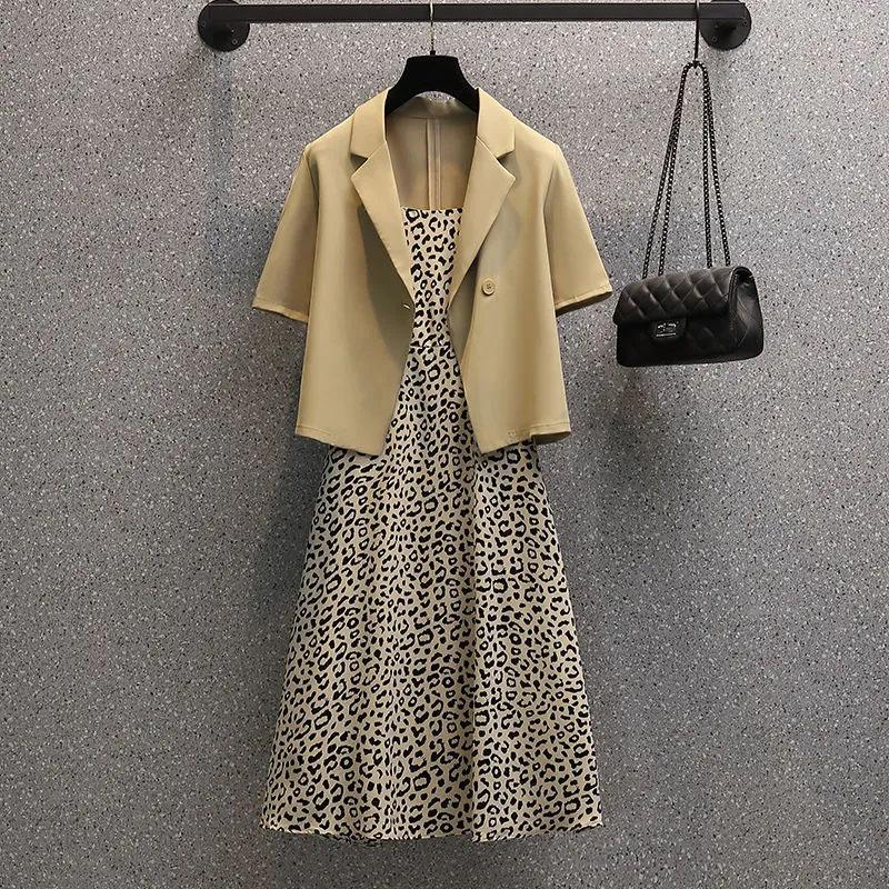 Plus Size Women's Short Sleeve Dress Set Women Summer Suit Floral Dress Suspender Blazer Two Pieces Sling Leopard Print Floral Top Skirt Set