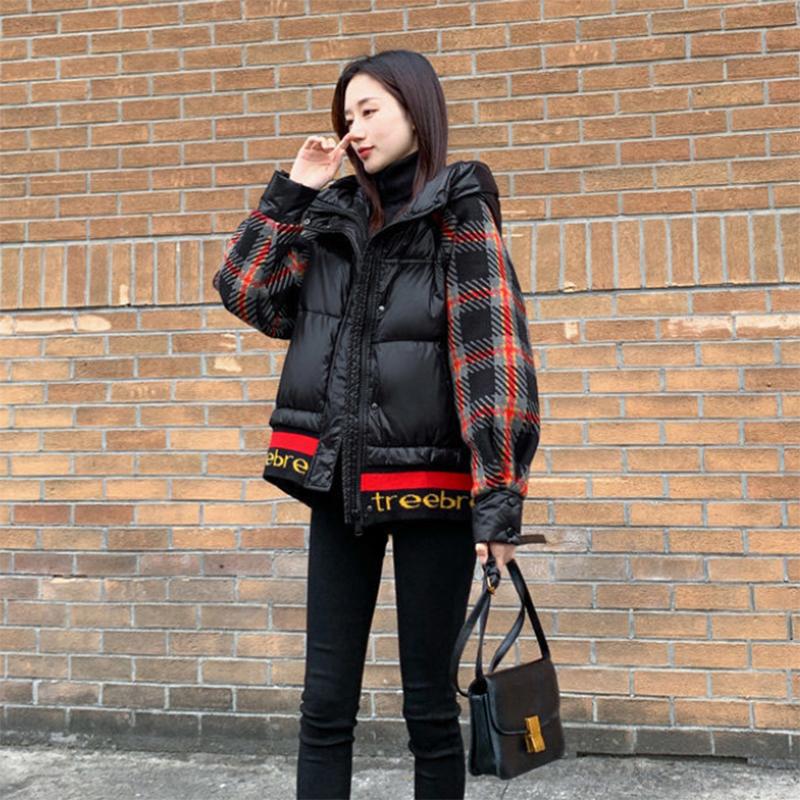 Women's Plaid Print Short Down Jacket Winter Korean Loose Quilted Jacket Casual Warm Hooded Down Jacket