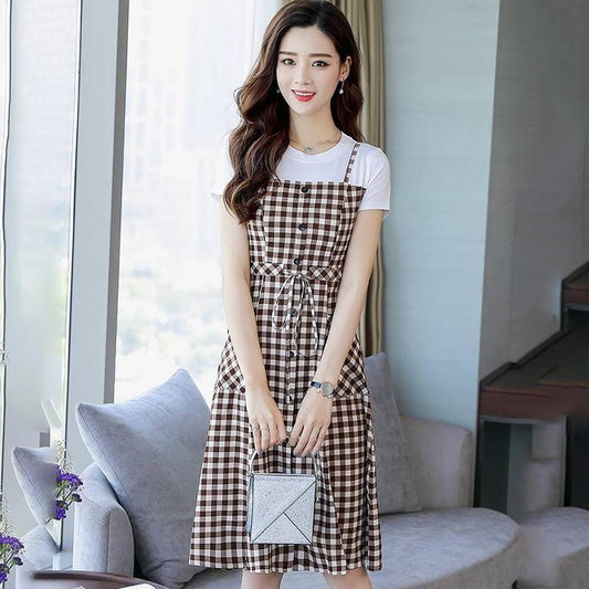 Plaid Dress Female Summer Over The Knee Suspender Skirt Waist Small Fresh A-line Skirt Waist Slimming Round Neck Short-sleeved Simple Dress