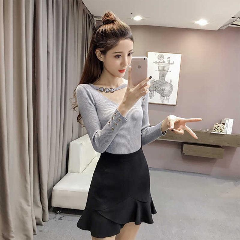 Pofulove Women's Autumn Winter Slim Long Sleeve Tight Short V-neck Sweater Bright Silk Pullover Tops