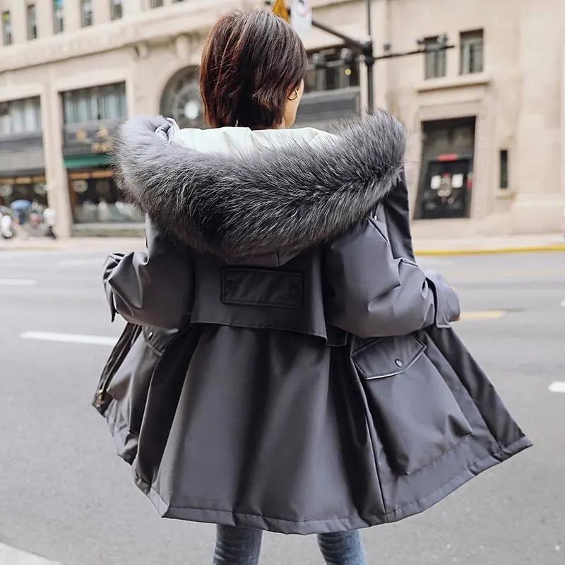 Winter Women's Cotton Jacket Jacket Mid-length Large Fur Collar Plus Down Jacket Thickening Plus Velvet Jacket