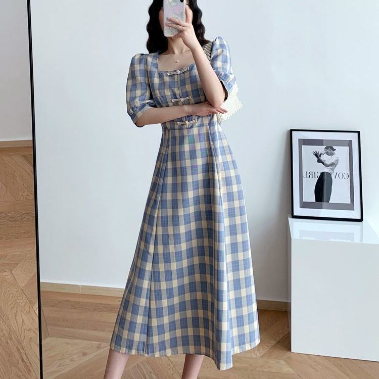 Large Women Size Summer Casual Slim Mid Length Square Neck Bubble Sleeve Plaid Holiday Dress