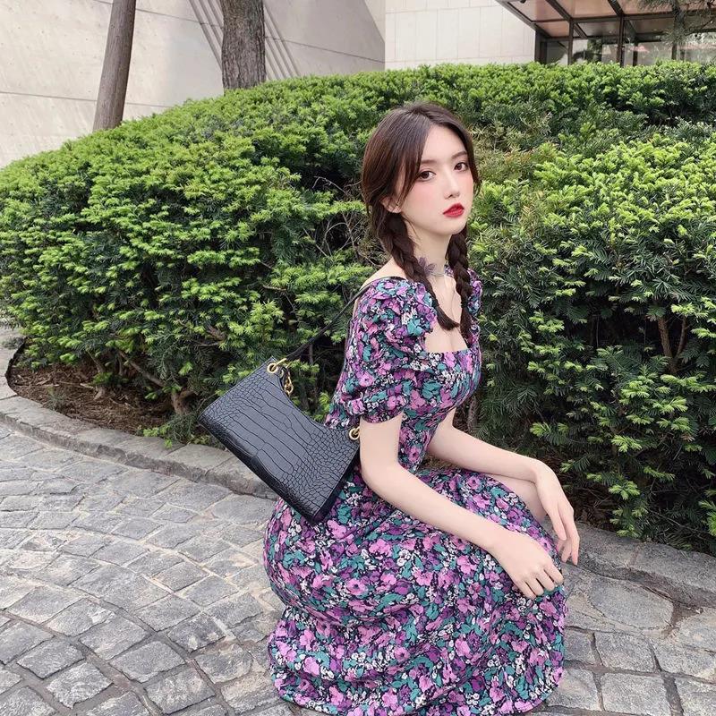 Women's Summer Puff Sleeve Floral Skirt Mid Length Slit Square Neck Dress