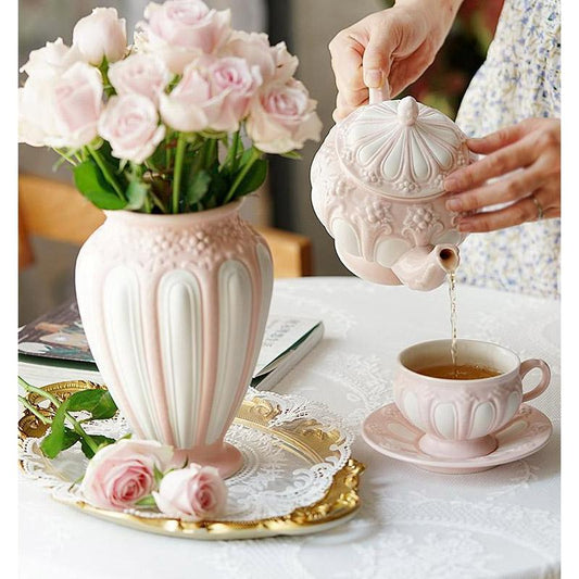 European Afternoon Tea Set, Coffee Cup, Saucer Set, Spoon, French Retro Embossed English Teapot, Cup