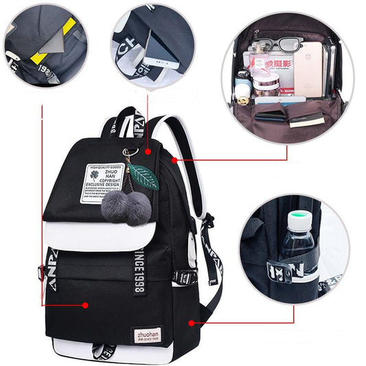 Junior High School Students Black Simple Backpack Female Net Red Schoolbag Large Capacity Korean Campus Student Backpack