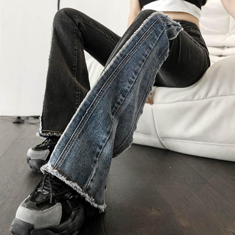 High Waist Elastic Micro Jeans Female Spring and Autumn Slim Slimming Color Stitching Wide Leg Trumpet Pants