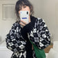 Autumn Winter Check Color Contrast V-neck Long  Sleeved Sweater Jacket Women Retro College Style Loose Knit Cardigan Outer Wear