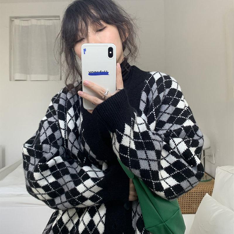 Autumn Winter Check Color Contrast V-neck Long  Sleeved Sweater Jacket Women Retro College Style Loose Knit Cardigan Outer Wear
