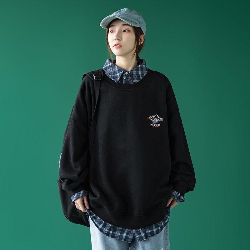 Cotton Spring and Autumn Clothes Fake Two-piece Sweater for Boys and Girls Loose Plaid Shirt Stitching on Clothes