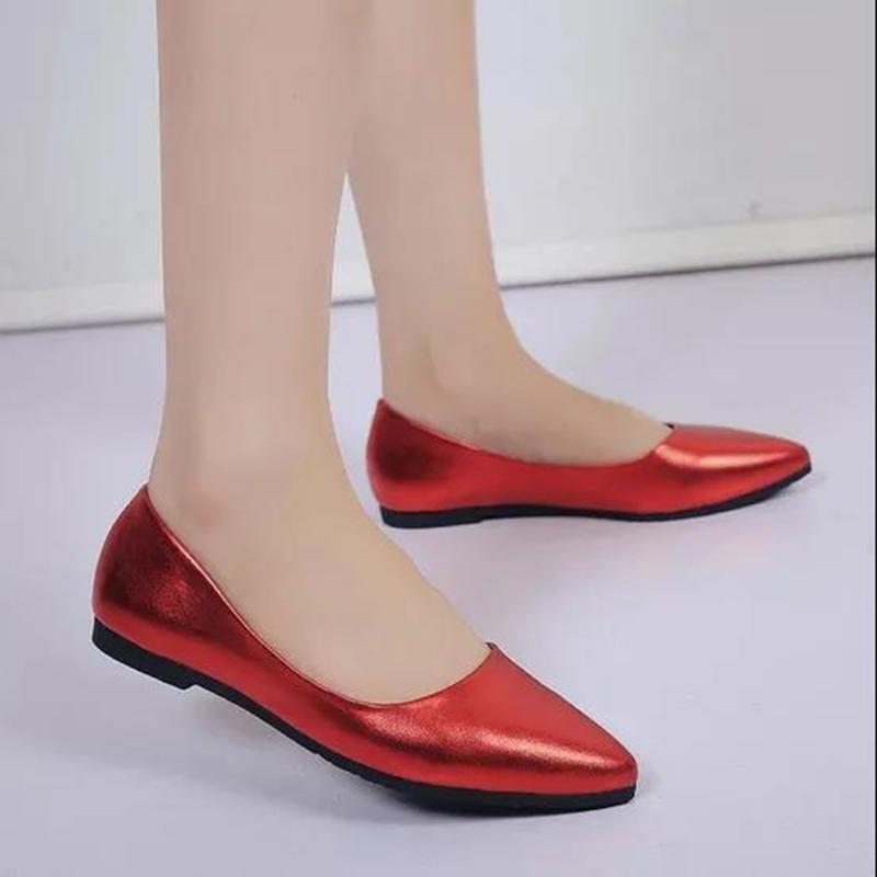 Peas Shoes Women Shallow Mouth Flat Pointed Patent Leather Casual Leather Shoes Work Shoes Soft Leather Non-slip Flat Shoes Comfortable