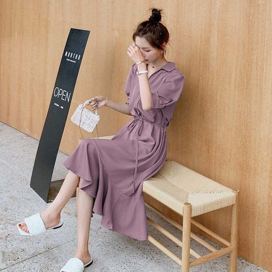 Female Shirt Chiffon Casual Dress High Waist Elegant Medium Length Vacation Dress Slim Vintage Holiday Dress
