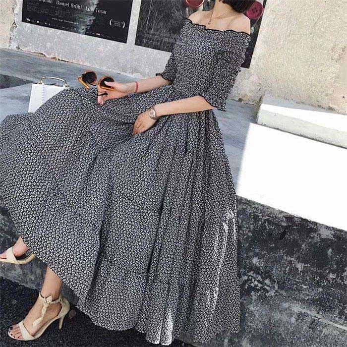 Women Off Shoulder Floral Camisole Dress Short-sleeved Long A-line Vacation Beach Dress