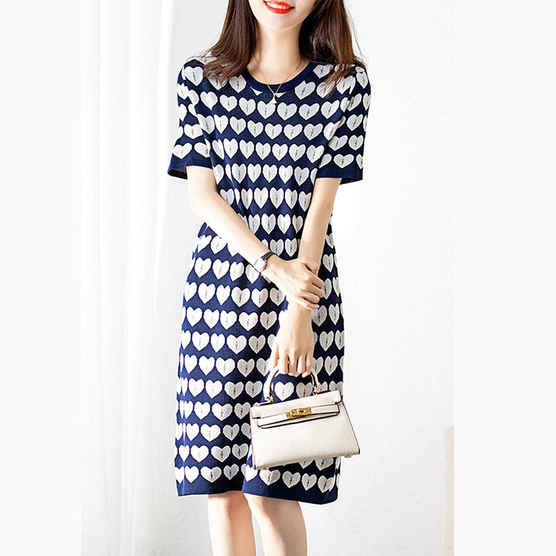 Round Neck Heart Pattern Short-sleeved Dress Drape Thin Temperament Elegant Straight Skirt Women's Summer Loose and Thin Printed Dress