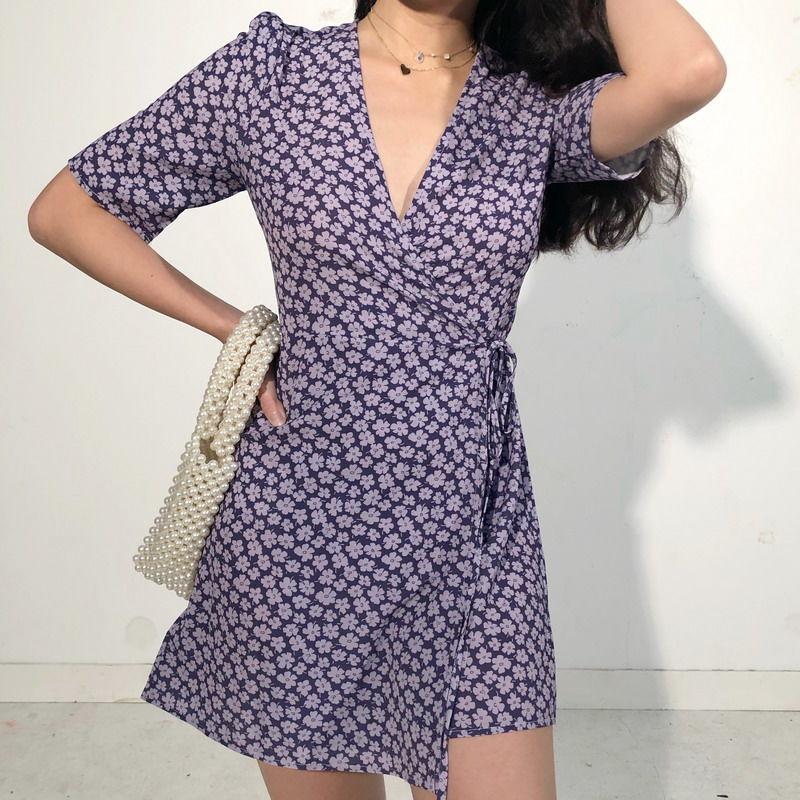 Summer Sexy Floral Short Skirt Female Was Thin V-neck Printed Lace Short-sleeved Tight-fitting Dress Irregular Chiffon Skirt