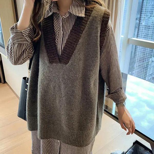 Autumn and Winter Retro Color Matching Vest V-neck Pullover Sleeveless Sweater Loose Casual Top