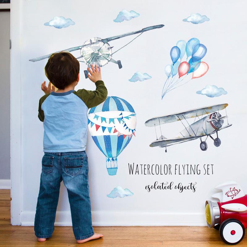 Watercolor hand-painted airplane balloon background decorative wall stickers