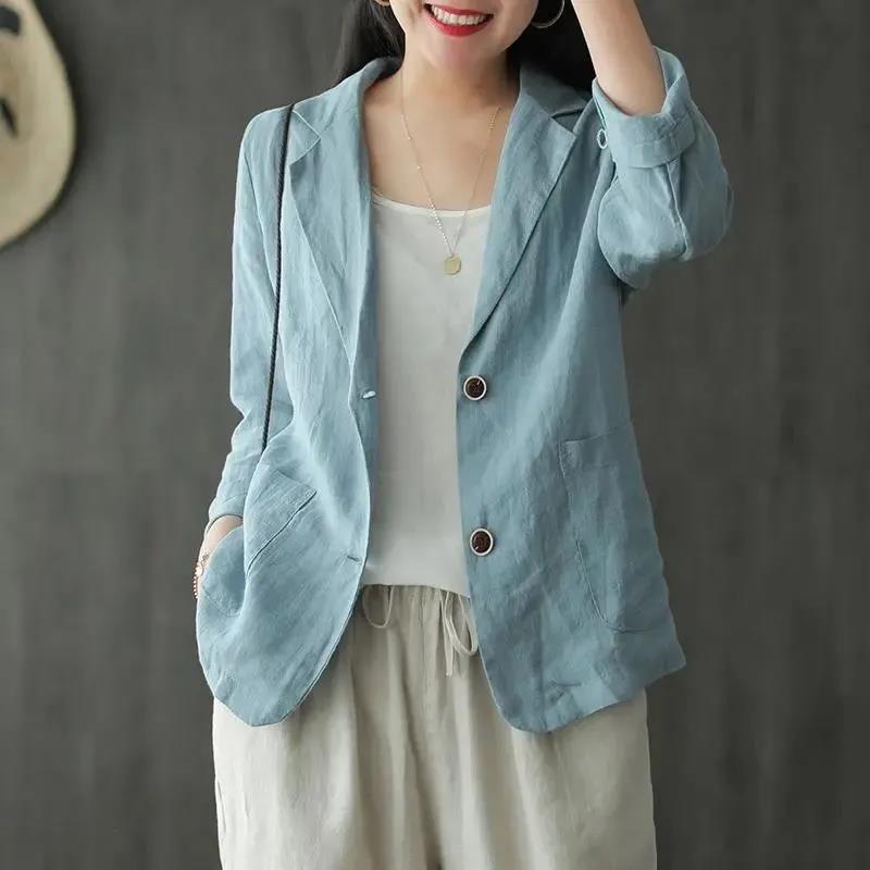Loose Solid Color Cotton and Linen Small Suit Spring and Summer Linen Top All-match Long-sleeved Casual Temperament Jacket Women