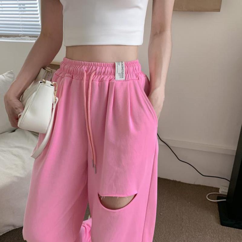 Summer Thin Straight Hole Casual Sports Pants Female Student Korean Version Loose and Thin Drape Mopping Trousers